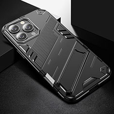 Silicone Matte Finish and Plastic Back Cover Case with Stand A05 for Apple iPhone 13 Pro Black