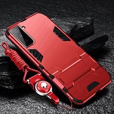 Silicone Matte Finish and Plastic Back Cover Case with Stand A05 for Samsung Galaxy S21 5G Red
