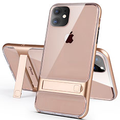 Silicone Matte Finish and Plastic Back Cover Case with Stand A06 for Apple iPhone 11 Gold