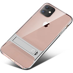 Silicone Matte Finish and Plastic Back Cover Case with Stand A06 for Apple iPhone 11 Silver