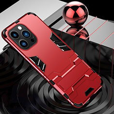 Silicone Matte Finish and Plastic Back Cover Case with Stand A06 for Apple iPhone 13 Pro Red