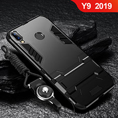 Silicone Matte Finish and Plastic Back Cover Case with Stand for Huawei Y9 (2019) Black