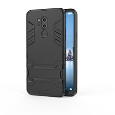 Silicone Matte Finish and Plastic Back Cover Case with Stand for LG G7 Black