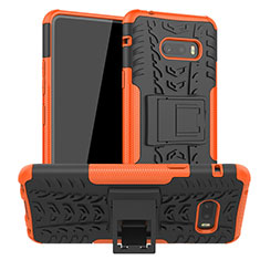 Silicone Matte Finish and Plastic Back Cover Case with Stand for LG G8X ThinQ Orange