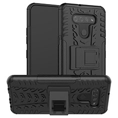 Silicone Matte Finish and Plastic Back Cover Case with Stand for LG K51 Black
