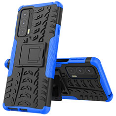 Silicone Matte Finish and Plastic Back Cover Case with Stand for Motorola Moto Edge 20 5G Blue