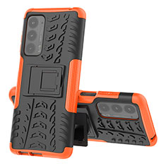 Silicone Matte Finish and Plastic Back Cover Case with Stand for Motorola Moto Edge (2021) 5G Orange