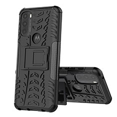 Silicone Matte Finish and Plastic Back Cover Case with Stand for Motorola Moto G71 5G Black