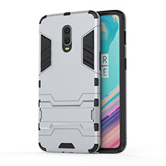 Silicone Matte Finish and Plastic Back Cover Case with Stand for OnePlus 7 Silver