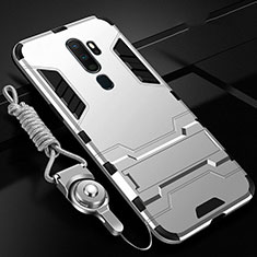 Silicone Matte Finish and Plastic Back Cover Case with Stand for Oppo A11 Silver