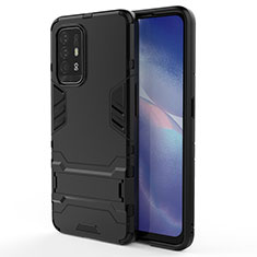 Silicone Matte Finish and Plastic Back Cover Case with Stand for Oppo F19 Pro+ Plus 5G Black