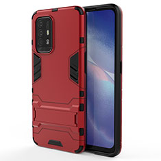Silicone Matte Finish and Plastic Back Cover Case with Stand for Oppo F19 Pro+ Plus 5G Red