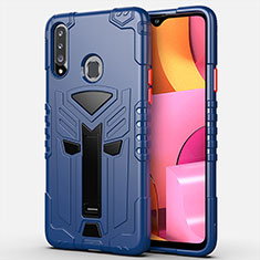 Silicone Matte Finish and Plastic Back Cover Case with Stand for Samsung Galaxy A20s Blue