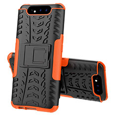 Silicone Matte Finish and Plastic Back Cover Case with Stand for Samsung Galaxy A90 4G Orange