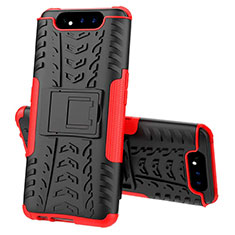 Silicone Matte Finish and Plastic Back Cover Case with Stand for Samsung Galaxy A90 4G Red
