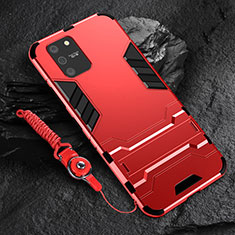 Silicone Matte Finish and Plastic Back Cover Case with Stand for Samsung Galaxy A91 Red