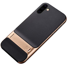 Silicone Matte Finish and Plastic Back Cover Case with Stand for Samsung Galaxy Note 10 5G Gold
