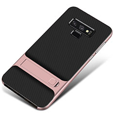 Silicone Matte Finish and Plastic Back Cover Case with Stand for Samsung Galaxy Note 9 Rose Gold