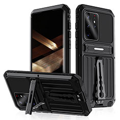 Silicone Matte Finish and Plastic Back Cover Case with Stand for Samsung Galaxy S24 Ultra 5G Black
