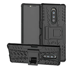 Silicone Matte Finish and Plastic Back Cover Case with Stand for Sony Xperia 1 Black