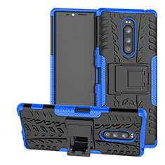 Silicone Matte Finish and Plastic Back Cover Case with Stand for Sony Xperia 1 Blue