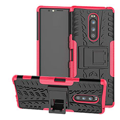 Silicone Matte Finish and Plastic Back Cover Case with Stand for Sony Xperia 1 Hot Pink