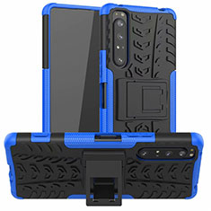 Silicone Matte Finish and Plastic Back Cover Case with Stand for Sony Xperia 1 II Blue