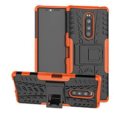 Silicone Matte Finish and Plastic Back Cover Case with Stand for Sony Xperia 1 Orange