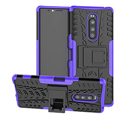 Silicone Matte Finish and Plastic Back Cover Case with Stand for Sony Xperia 1 Purple