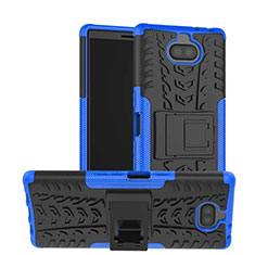 Silicone Matte Finish and Plastic Back Cover Case with Stand for Sony Xperia 10 Blue