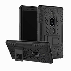 Silicone Matte Finish and Plastic Back Cover Case with Stand for Sony Xperia XZ2 Premium Black