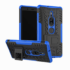 Silicone Matte Finish and Plastic Back Cover Case with Stand for Sony Xperia XZ2 Premium Blue