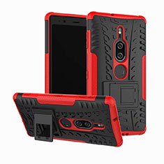 Silicone Matte Finish and Plastic Back Cover Case with Stand for Sony Xperia XZ2 Premium Red