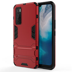 Silicone Matte Finish and Plastic Back Cover Case with Stand for Vivo V20 SE Red