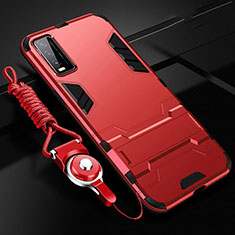Silicone Matte Finish and Plastic Back Cover Case with Stand for Vivo Y20i India Red