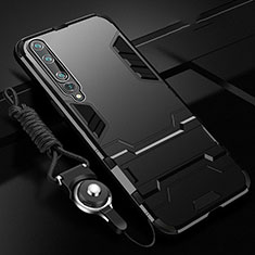 Silicone Matte Finish and Plastic Back Cover Case with Stand for Xiaomi Mi 10 Black