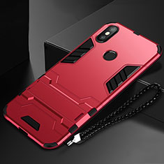 Silicone Matte Finish and Plastic Back Cover Case with Stand for Xiaomi Mi Mix 3 Red