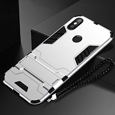 Silicone Matte Finish and Plastic Back Cover Case with Stand for Xiaomi Mi Mix 3 Silver