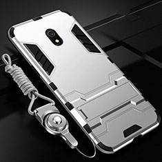 Silicone Matte Finish and Plastic Back Cover Case with Stand for Xiaomi Redmi 8A Silver