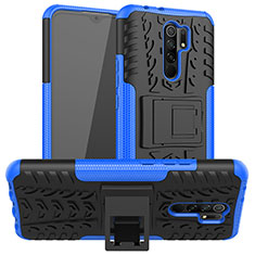 Silicone Matte Finish and Plastic Back Cover Case with Stand for Xiaomi Redmi 9 Blue