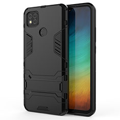 Silicone Matte Finish and Plastic Back Cover Case with Stand for Xiaomi Redmi 9C NFC Black