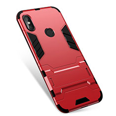 Silicone Matte Finish and Plastic Back Cover Case with Stand for Xiaomi Redmi Note 5 Pro Red