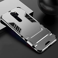 Silicone Matte Finish and Plastic Back Cover Case with Stand for Xiaomi Redmi Note 8 Pro Silver