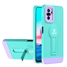Silicone Matte Finish and Plastic Back Cover Case with Stand H01P for Xiaomi Poco M5S Cyan