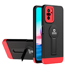Silicone Matte Finish and Plastic Back Cover Case with Stand H01P for Xiaomi Poco M5S Red and Black