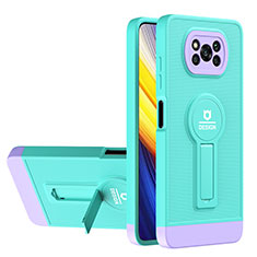 Silicone Matte Finish and Plastic Back Cover Case with Stand H01P for Xiaomi Poco X3 Cyan