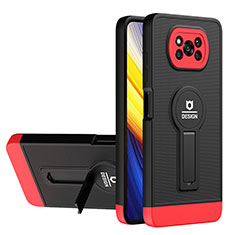 Silicone Matte Finish and Plastic Back Cover Case with Stand H01P for Xiaomi Poco X3 Red and Black