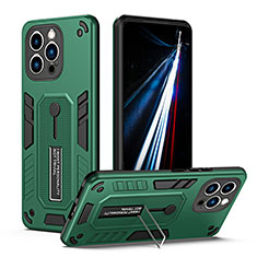 Silicone Matte Finish and Plastic Back Cover Case with Stand H01X for Apple iPhone 13 Pro Max Green