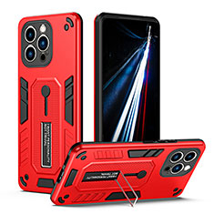Silicone Matte Finish and Plastic Back Cover Case with Stand H01X for Apple iPhone 13 Pro Max Red