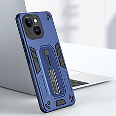 Silicone Matte Finish and Plastic Back Cover Case with Stand H02X for Apple iPhone 14 Blue